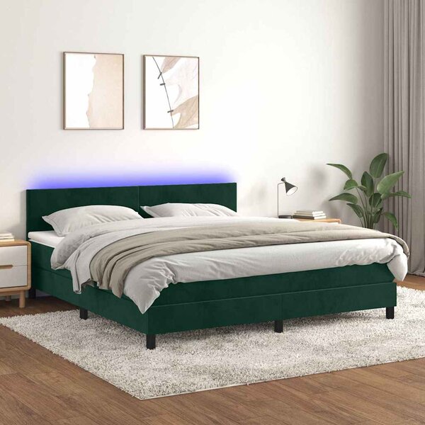 Box spring postel s matrací a LED tmavě zelená 160x200 cm samet 3134294