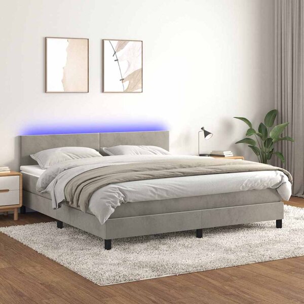 Box spring postel s matrací a LED světle šedá 160x200 cm samet 3134291