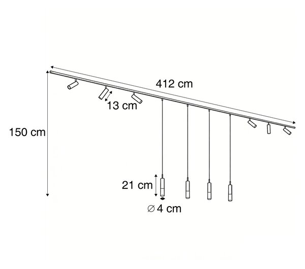 Moderní kolejnicový systém černý s 6 bodovými světly a 4 závěsnými světly 1-fázový - Slimline Uzzy Loyce