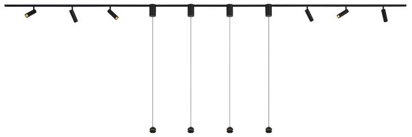 Moderní kolejnicový systém černý s 6 bodovými světly a 4 závěsnými svítidly Easylift 1-fázový - Slimline Uzzy Tira