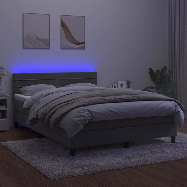 Box spring postel s matrací a LED světle šedá 140x200 cm samet 3134465
