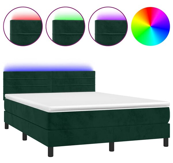 Box spring postel s matrací a LED tmavě zelená 140x190 cm samet 3134462