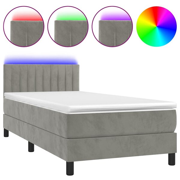 Box spring postel s matrací a LED světle šedá 90x190 cm samet 3134495