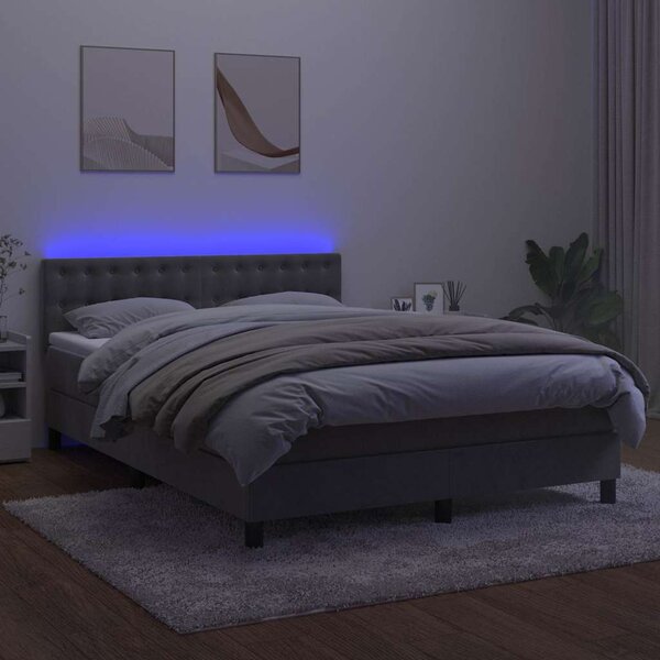 Box spring postel s matrací a LED světle šedá 140x200 cm samet 3134645