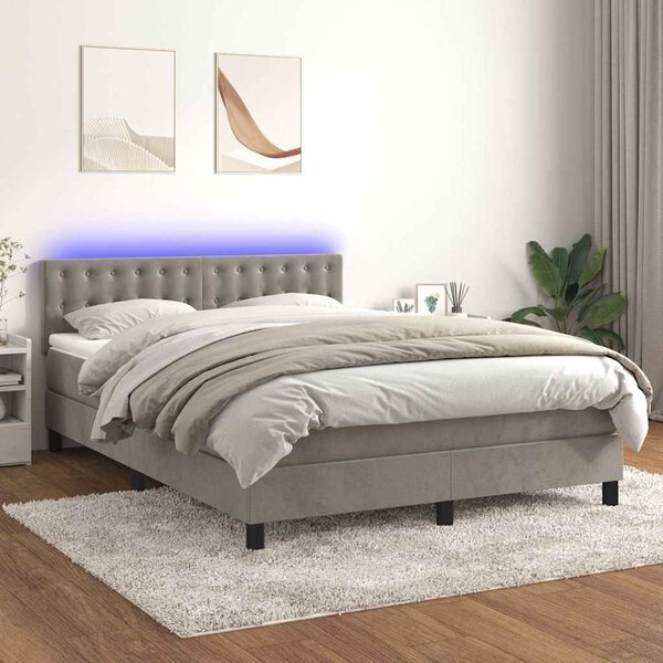 Box spring postel s matrací a LED světle šedá 140x200 cm samet 3134645