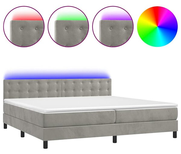 Box spring postel s matrací a LED světle šedá 200x200 cm samet 3134663