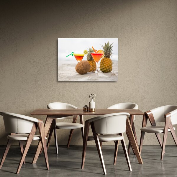 Skleněný obraz ananasů a sklenic na pláži (70x50 cm)