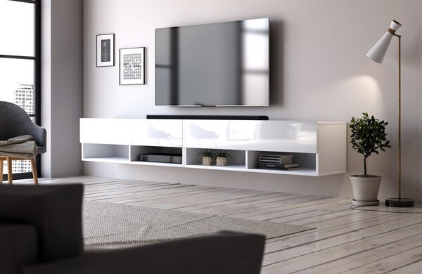 Vivaldi Závěsný TV stolek Derby 200 cm bílý mat/bílý lesk