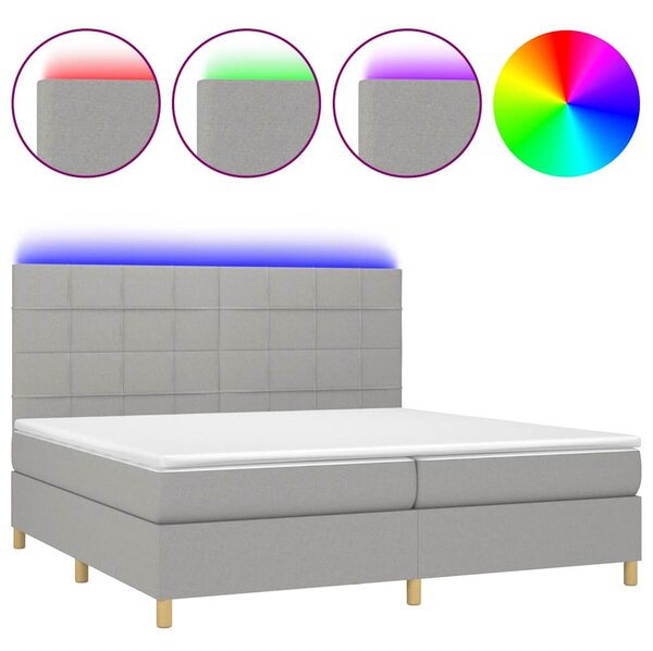 Box spring postel s matrací a LED světle šedá 200x200 cm textil 3135461
