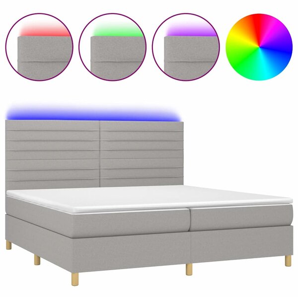Box spring postel s matrací a LED světle šedá 200x200 cm textil 3135541