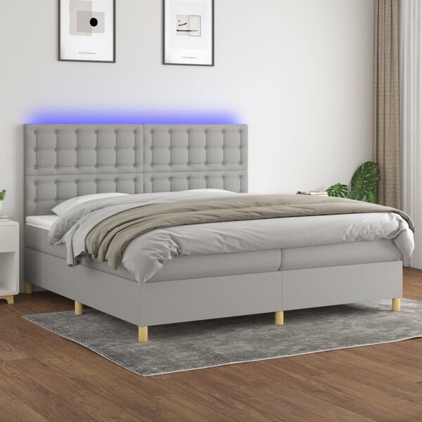 Box spring postel s matrací a LED světle šedá 200x200 cm textil 3135781