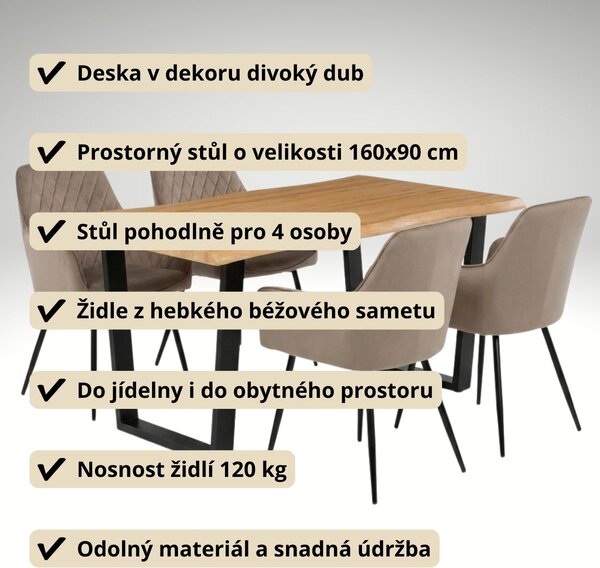 Vikio Jídelní set pro 4 osoby 160x90 cm dub noha U béžová židle s područkami VJS166-4CA