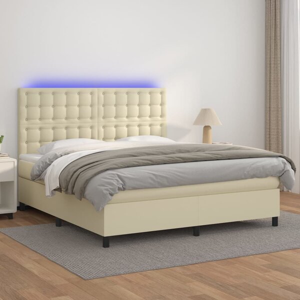 Box spring postel s matrací a LED krémová 160x200 cm umělá kůže 3135953