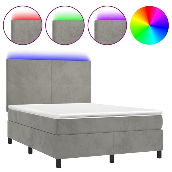 Box spring postel s matrací a LED světle šedá 140x190 cm samet 3135999