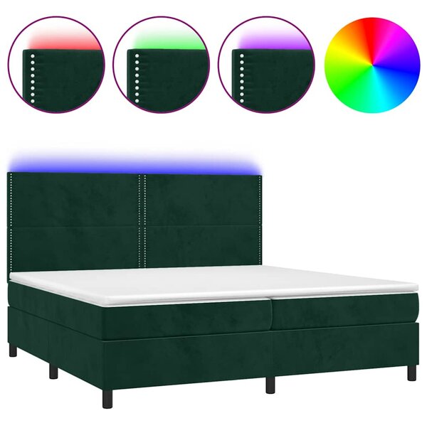 Box spring postel s matrací a LED tmavě zelená 200x200 cm samet 3136086