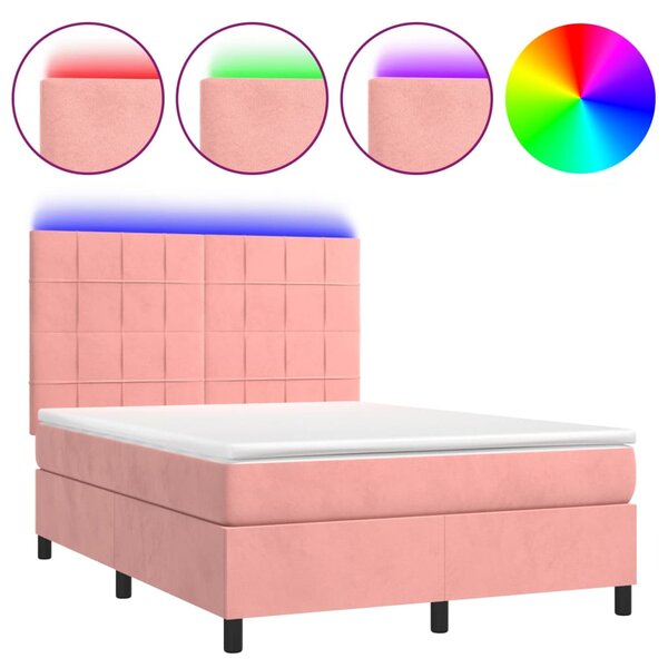 Box spring postel s matrací a LED růžová 140x190 cm samet 3136124