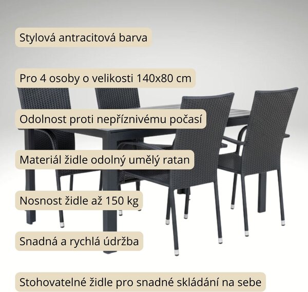 Vikio Zahradní ratanový set 140x80 pro 4 osoby DT255-140 antracit