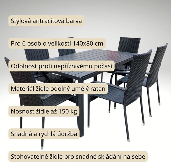 Vikio Zahradní set 140x80 pro 6 osob DT276-140 antracit