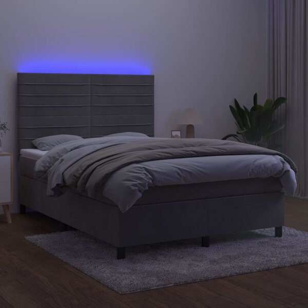 Box spring postel s matrací a LED světle šedá 140x190 cm samet 3136179