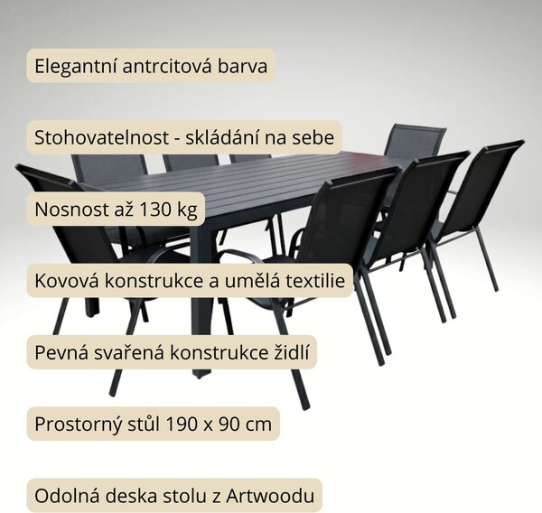 Vikio Venkovní zahradní set 190x90 pro 8 osob DK305-190 antracit