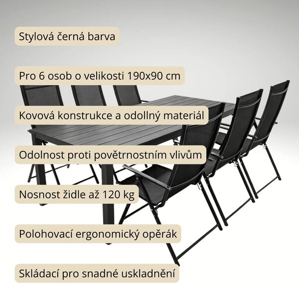 Vikio Zahradní set 190x90 pro 6 osob V137-190 černá