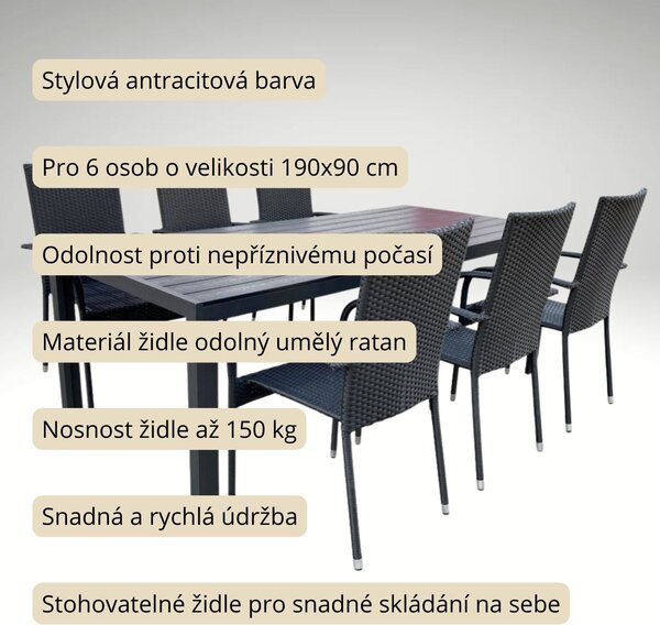 Vikio Zahradní set 190x90 pro 6 osob DT254-190 antracit
