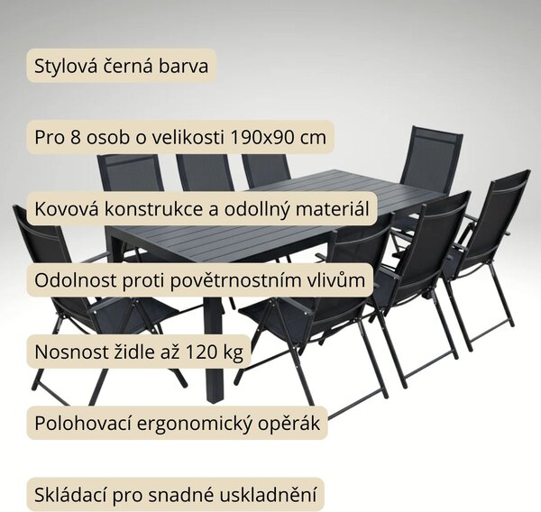 Vikio Zahradní set 190x90 pro 8 osob V138-190 černá