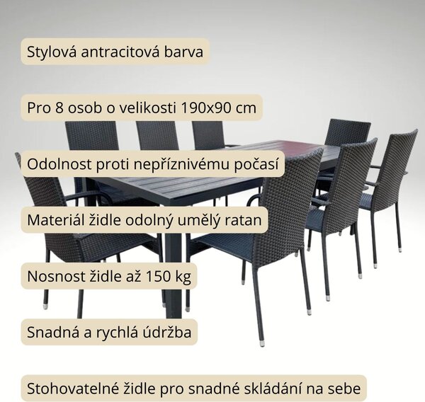 Vikio Zahradní set 190x90 pro 8 osob DT278-190 antracit