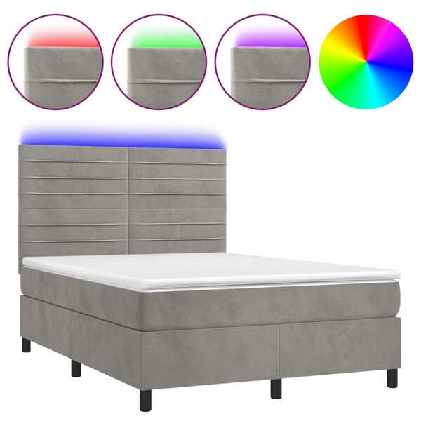 Box spring postel s matrací a LED světle šedá 140x190 cm samet 3136179