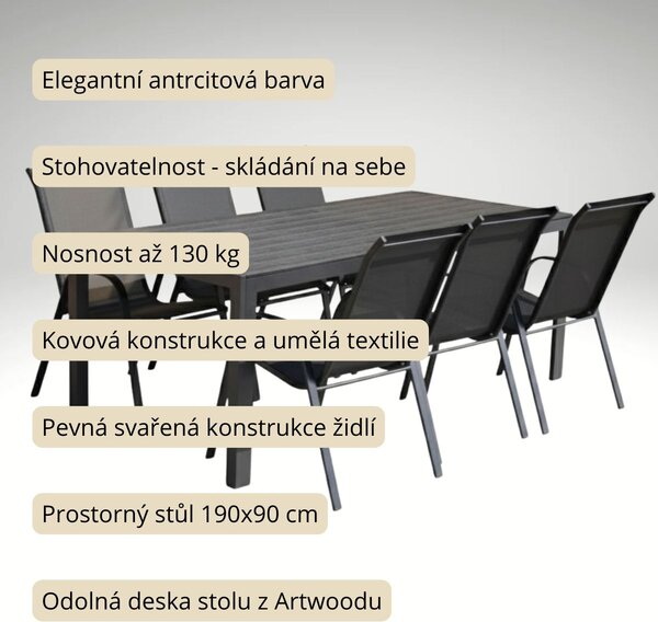Vikio Venkovní zahradní set 190x90 pro 6 osob DK303-190 antracit