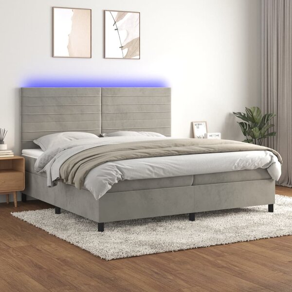 Box spring postel s matrací a LED světle šedá 200x200 cm samet 3136203