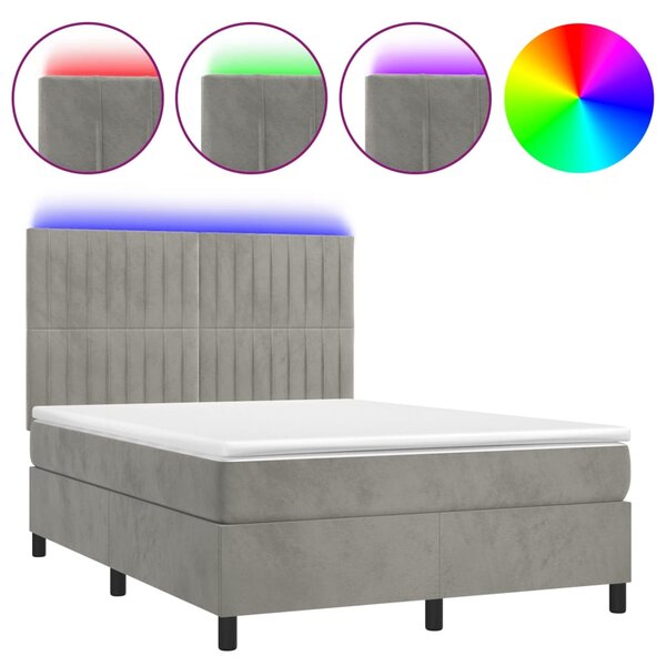Box spring postel s matrací a LED světle šedá 140x190 cm samet 3136239