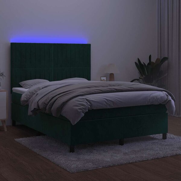 Box spring postel s matrací a LED tmavě zelená 140x190 cm samet 3136242
