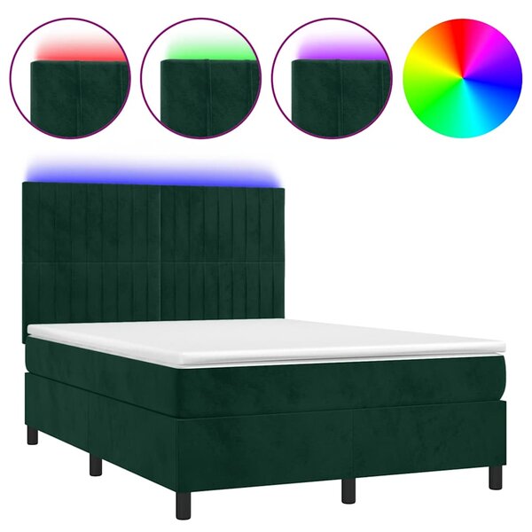 Box spring postel s matrací a LED tmavě zelená 140x190 cm samet 3136242