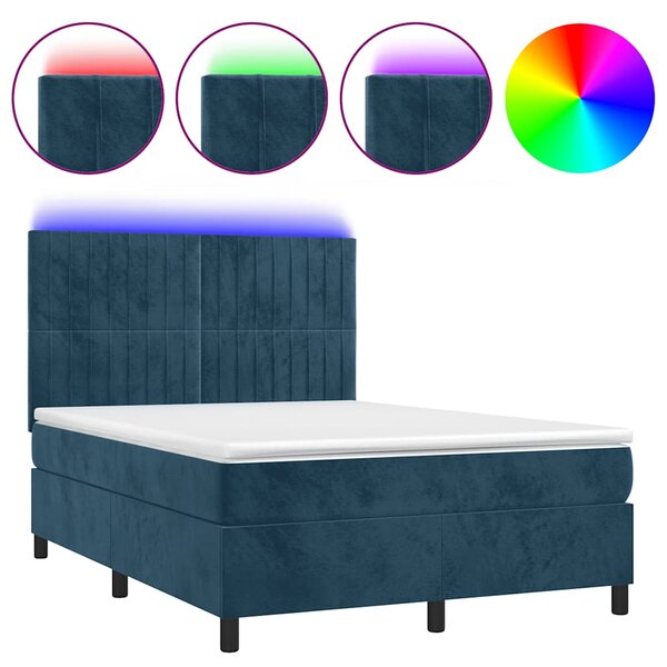 Box spring postel s matrací a LED tmavě modrá 140x190 cm samet 3136243
