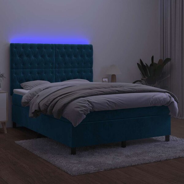 Box spring postel s matrací a LED tmavě modrá 140x190 cm samet 3136303