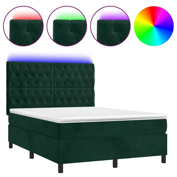 Box spring postel s matrací a LED tmavě zelená 140x190 cm samet 3136302