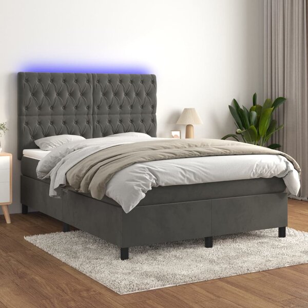 Box spring postel s matrací a LED tmavě šedá 140x200 cm samet 3136306