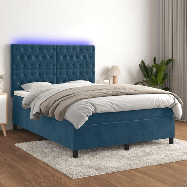 Box spring postel s matrací a LED tmavě modrá 140x190 cm samet 3136303