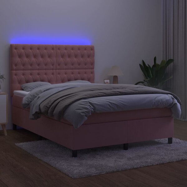 Box spring postel s matrací a LED růžová 140x190 cm samet 3136304