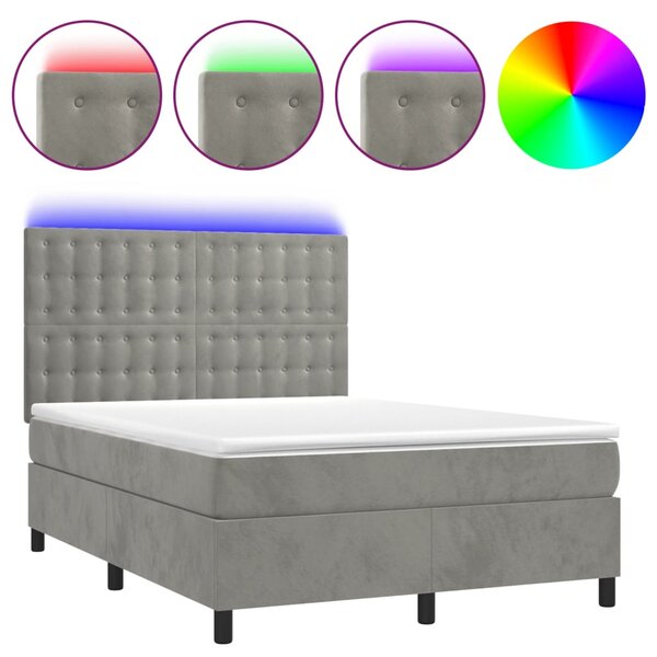 Box spring postel s matrací a LED světle šedá 140x190 cm samet 3136359