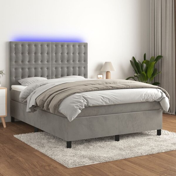Box spring postel s matrací a LED světle šedá 140x190 cm samet 3136359