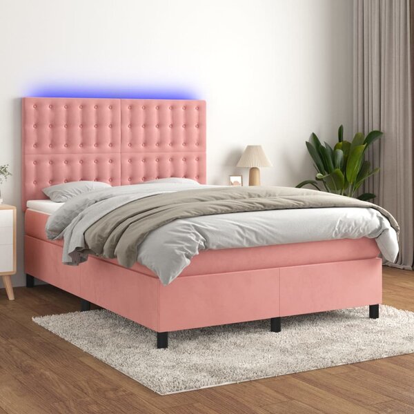 Box spring postel s matrací a LED růžová 140x190 cm samet 3136364