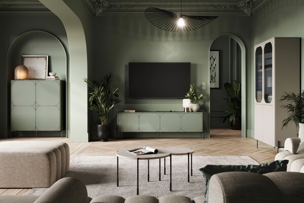 Moderní TV skříňka Sonatia 200 cm se čtyřmi dveřmi na kovových nohách - olivová