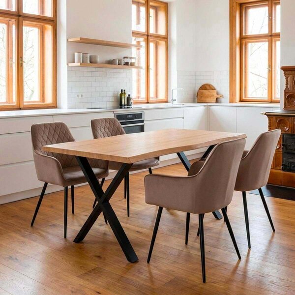 Vikio Jídelní set pro 4 osoby 160x90 cm soft dub noha X béžová židle s područkami VJS226-4CA