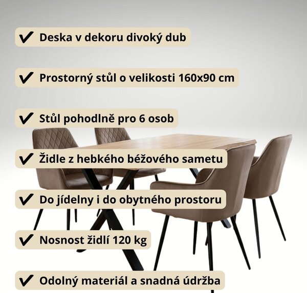 Vikio Jídelní set pro 4 osoby 160x90 cm soft dub noha X béžová židle s područkami VJS226-4CA