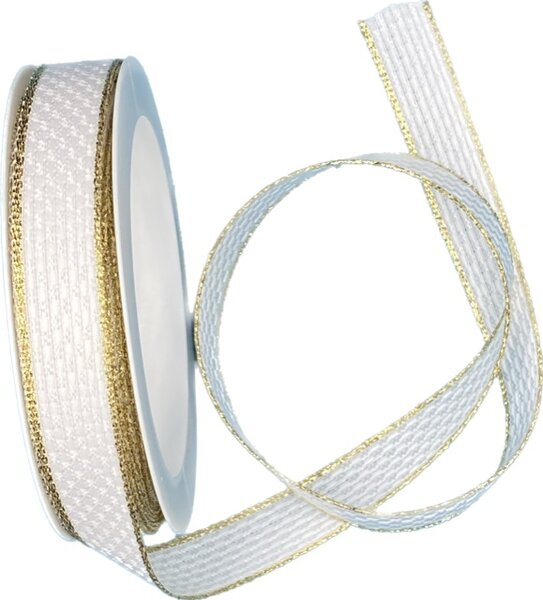 Stuha tkaná Luxe Shine – White bílá 15mm x 4m (8,-Kč/m)