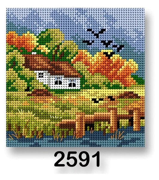 VTC Vyšívací předloha, obrázek na vyšívání 70244/2591, dům podzim 2, zelená, 15x15cm