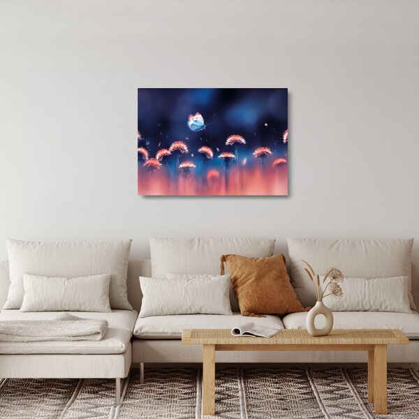 Skleněný obraz pampelišek s modrým motýlem (70x50 cm)