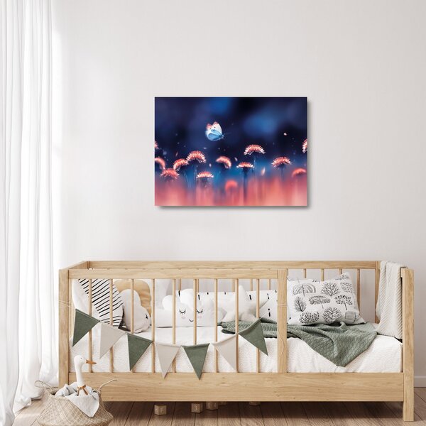 Skleněný obraz pampelišek s modrým motýlem (70x50 cm)